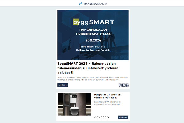 ByggSMART | Esivalmistetut WC-tilaelementit | Opastekirjaimet | Kapasityn verkkosivut | Vedenkulutuksen seuranta | Lasitusten äänieristys | Nostoelimet ja nostolukot | Lattialämmitykselle sopivat rakennuslevyt