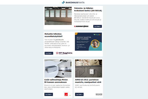 Turvaikkunat | Webinaari suunnittelijoille | Ilmanvaihto | Sähköasennuskalusteet | Sähköautojen lataus | Lasijulkisivut ja -ikkunat | Teräsportaat | Keraamiset työtasot | Betonielementtien liitossuunnittelu | Eristys | Hoitopöydät | Korvausilmaventtiilit