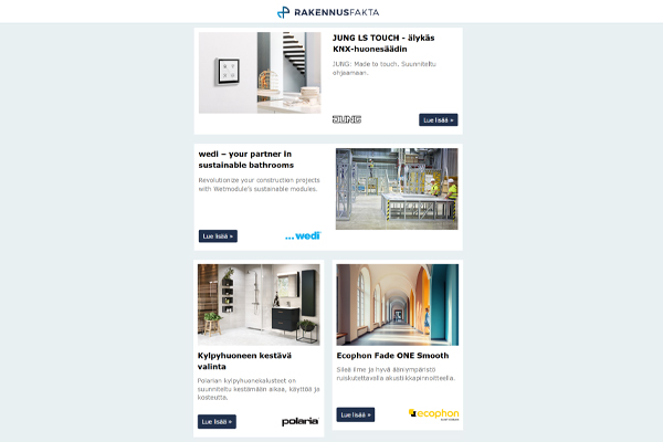 KNX-huonesäätimet | Kylpyhuonemoduulit | Kylpyhuonekalusteet | Akustiikkapinnoitteet | Saumanauhat | Kylpyhuonetrendit | Tuotteet ilmanvaihtoon | Kestävät hanat | Työtilat | Keramiikkapinnat | Rakennusliimat | Lattiat NCS+-työkalussa | Kuivaimet