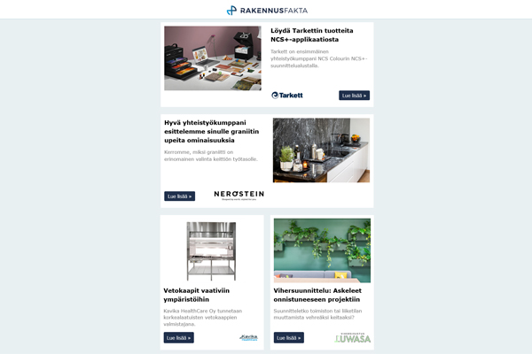 Tarkettin NCS+-applikaatio | Graniitin upeita ominaisuuksia | Vetokaapit | Vihersuunnittelu | Aurinkosähkölaitos | Sammutusritilä | Porkka MED -lääkejääkaapit | DJS Automation | Ilmankäsittelykoneet | TW- ja RGBW- nauhat | ProdLib – webinaari