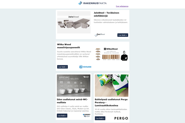 JaloSteel - Teräksinen edelläkävijä | Witka Wood massiivipuupaneelit | Idon uudistunut seinä-WC-mallisto | Uudistunut Pergo Perstorp - Laminaattikokoelma | Nowocoat tiilikattomaali on nyt Joutsenmerkitty | ProdLib - webinaari